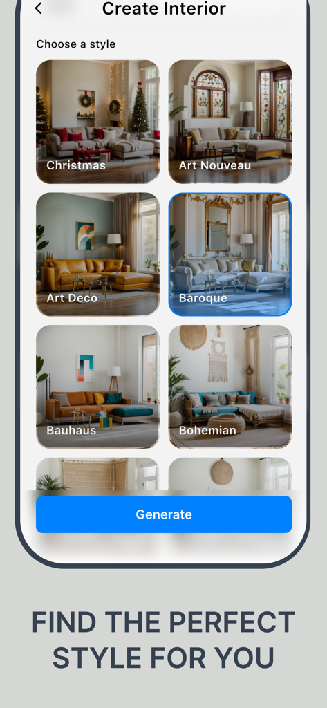 AI Home Deco Makeover Redecor - A screen from the AI Home Deco app displaying various interior design styles like Art Deco and Bohemian for room transformation