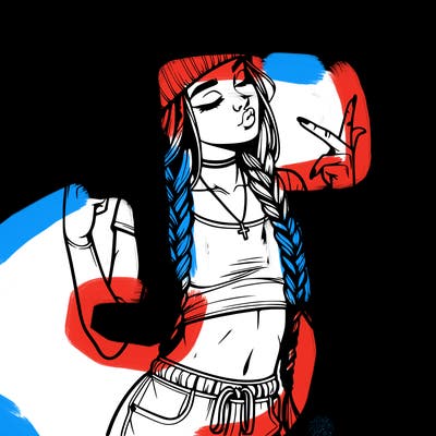 realistic teenage girl with braids and a beanie and crop top doing 🫶🏼