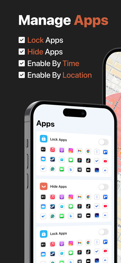 iSetting-Lock App & Hide App - App interface showing options to lock and hide mobile applications with settings for time and location