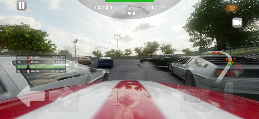 First-person perspective of a demolition derby race in the Derby Madness mobile game.
