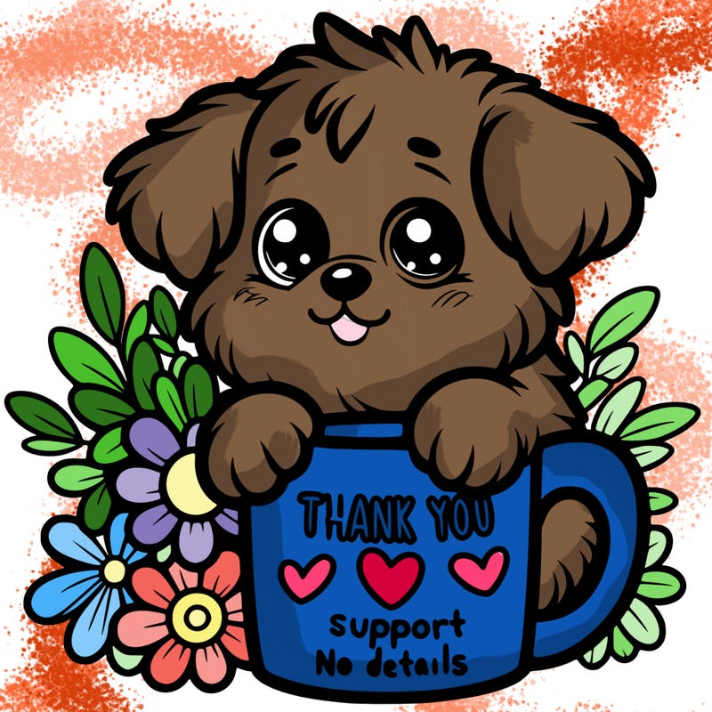 a really cute puppy holding a thank you for support mug with flowers everywhere