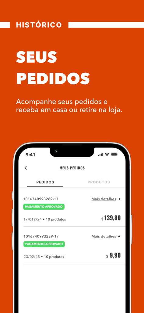 Loja Swift - Écran de smartphone affichant l'historique des commandes et la fonction de suivi d'état dans l'application Loja Swift