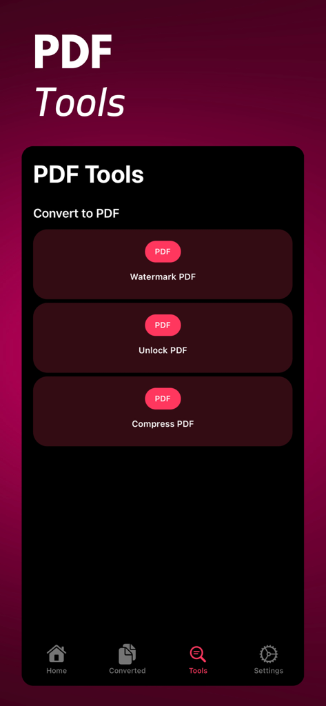 PDF Converter app interface showing options to watermark unlock and compress PDF documents