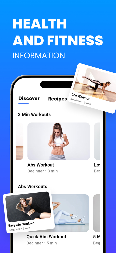 Gewichtszunahme-App-Oberfläche, die schnelle Anfänger-Workouts für Bauch und Beine anzeigt