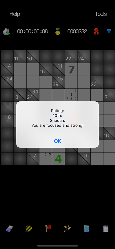 A screen from the Kakuro u app showing a logic puzzle grid and a rating popup message achievement