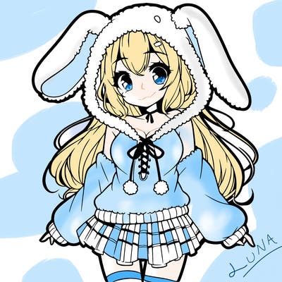 pretty anime girl wearing a fluffy hoodie with bunny ears on the hood and a skirt