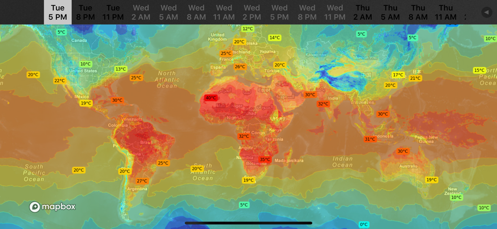 WeatherMap+ - Mapa de calor global interactivo que muestra las temperaturas mundiales en la aplicación WeatherMap plus