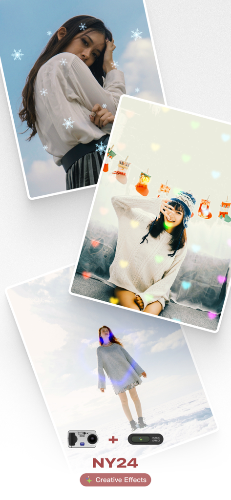 Un collage de tres fotos de retratos estilo vintage con superposiciones de copos de nieve y corazones con un filtro NY24