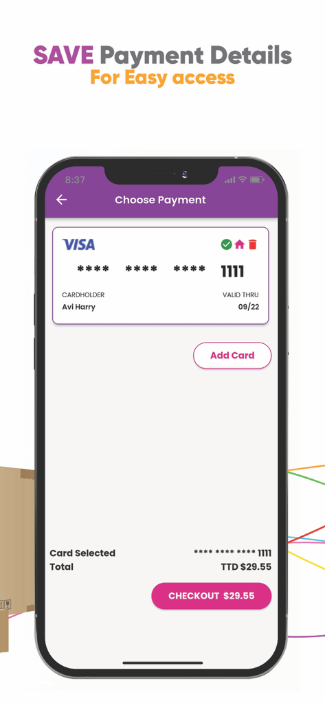 Caribbean Jetpak - Caribbean Jetpak app payment screen showing a saved Visa card and checkout option in TTD currency.