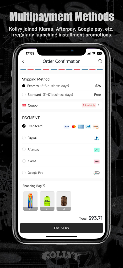 KOLLYY - Clothing & Fashion - Order confirmation screen in the Kollyy fashion app showing payment options like Afterpay and Klarna.