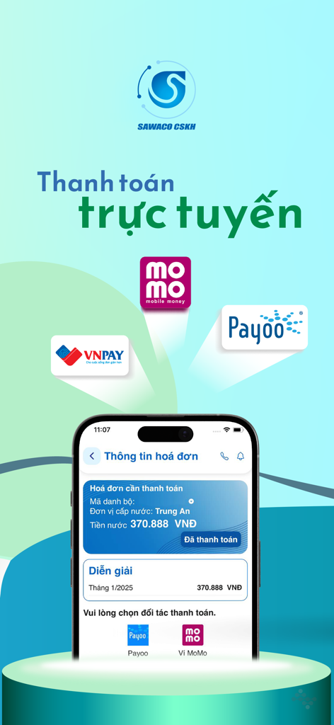 Pantalla de la aplicación Sawaco CSKH para el pago de facturas de agua en línea con opciones MoMo y VNPay