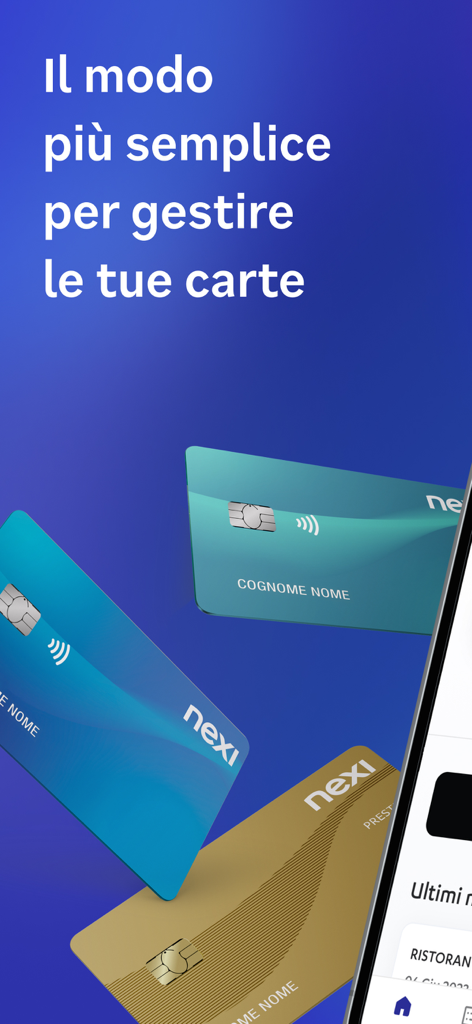 Nexi Pay mobile app interface displaying credit cards and financial management options