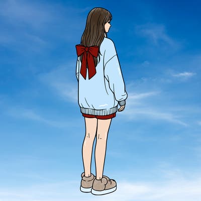 a pretty girl with straight hair, a sweater with a bow, bear slippers, and shorts