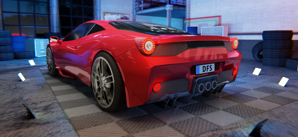 Rückansicht eines roten Sportwagens in einer Anpassungswerkstatt aus dem Drive For Speed Simulator