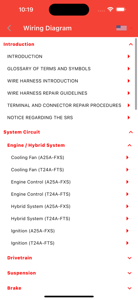 TOYODATA - Screen from the TOYODATA app displaying a menu list of automotive wiring diagrams for engine and hybrid systems