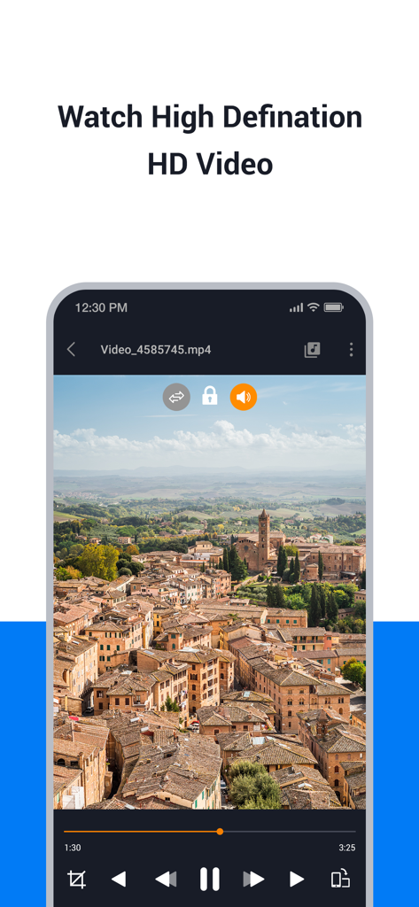 SPlayer -Video Media Player - SPlayer mobile app interface displaying high definition video playback with playback controls and a scenic landscape video