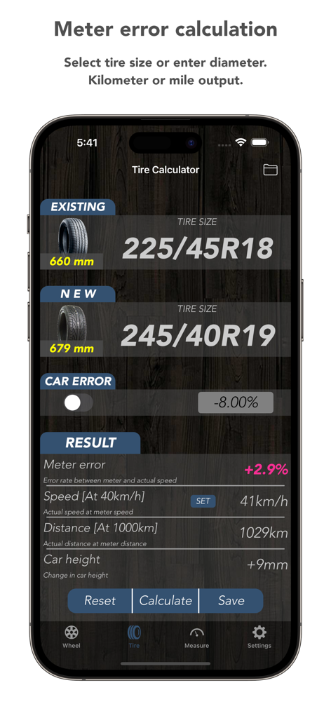 Tire Calculator (Offset&Speed) - Tire calculator app screen showing speedometer error and tire size comparison results