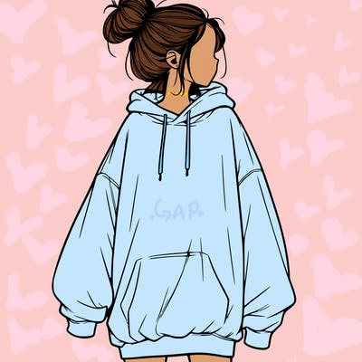 realistic girl with a oversized sweatshirt on and a bun
