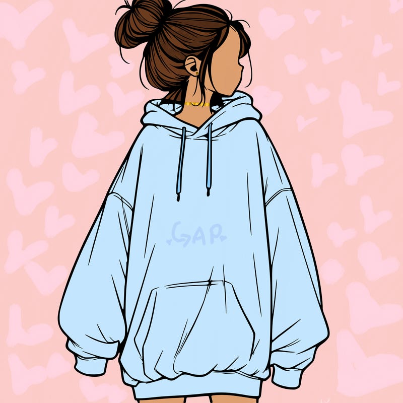 realistic girl with a oversized sweatshirt on and a bun