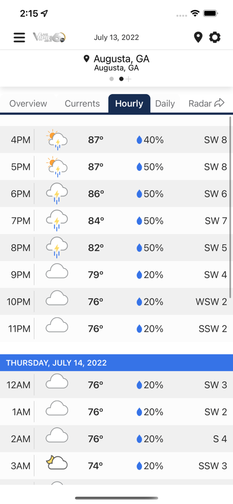 WJBF Vipir 6 Radar - Hourly weather forecast for Augusta Georgia on the WJBF Vipir 6 app showing temperatures and precipitation chances