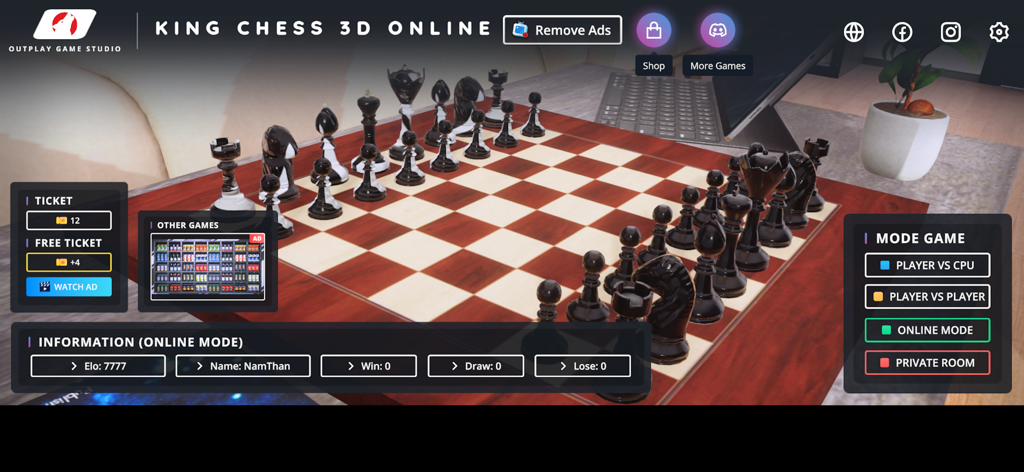 Menú principal de King Chess 3D Online con un tablero de ajedrez 3D realista y varias opciones de modo de juego