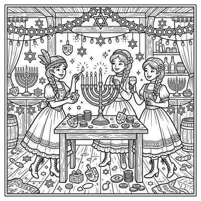 Discover a delightfully unexpected scene where Wild West saloon girls gather to celebrate Hanukkah. This unique coloring page combines festive holiday traditions with a charming historical setting, promising a truly imaginative coloring experience.
