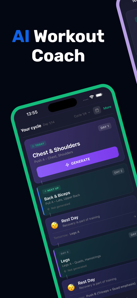 Arvo: AI Workout Coach - Arvo app interface showing an AI generated workout cycle and training plan