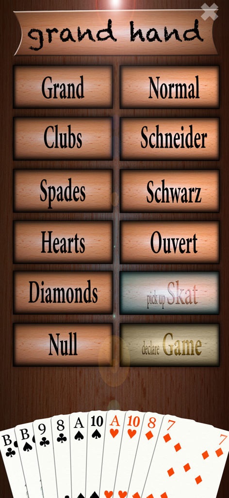 Pantalla de declaración del juego de Skat con botones para el palo y tipos de juego como Grand Picas y Corazones