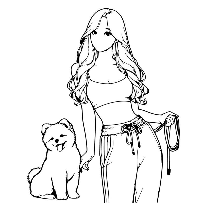 realistic girl in crop top and sweat pants and holing a dog