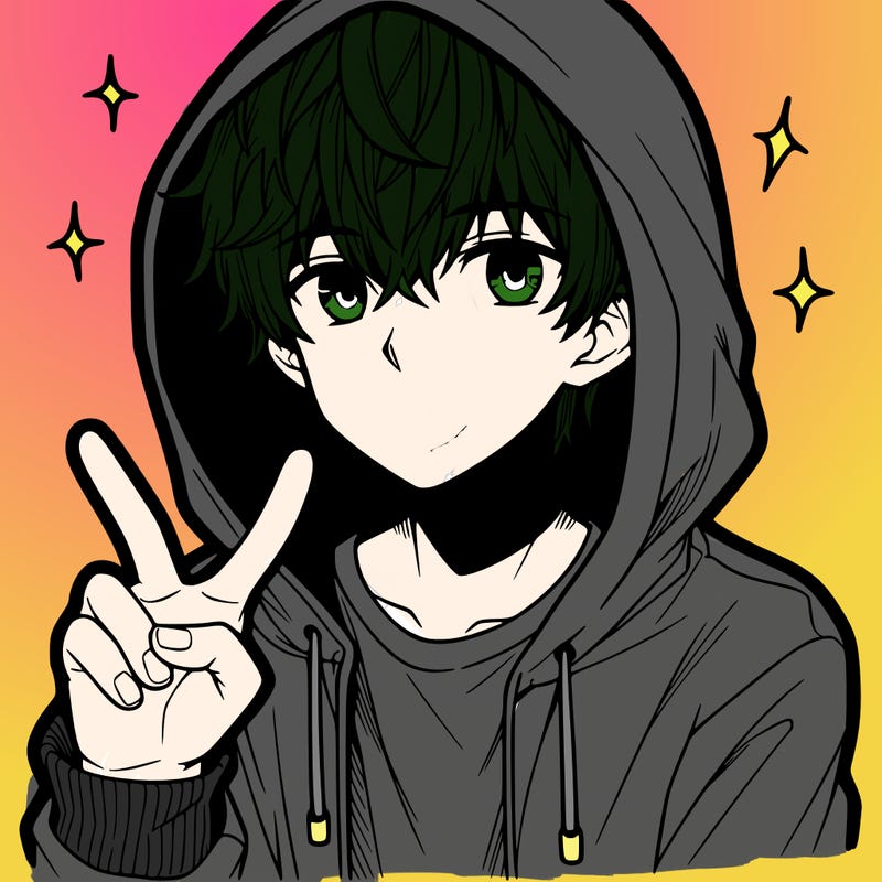 teenage manga boy in a hoodie, doing ✌