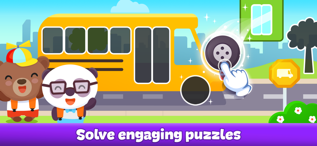 Kids Car Games: Build and Race - 子供向けのスクールバスのパズルゲーム。カートゥーンの動物とインタラクティブな組み立てメカニズムが登場。