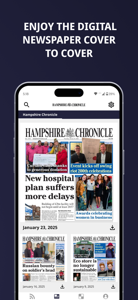 Hampshire Chronicle - Interfaz de la aplicación móvil Hampshire Chronicle mostrando una galería de portadas digitales del periódico para noticias locales de Winchester