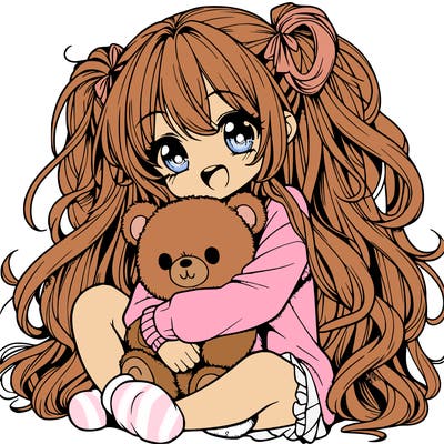 manga girl, long curly hair, happy, cuddling a teddy bear