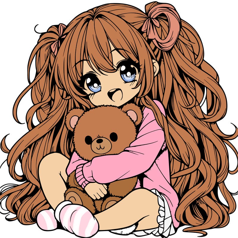 manga girl, long curly hair, happy, cuddling a teddy bear