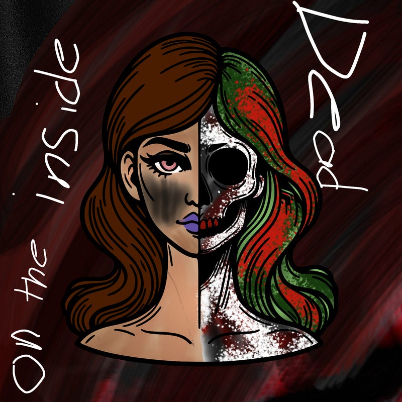 bust of a woman, half face and hair, half skull