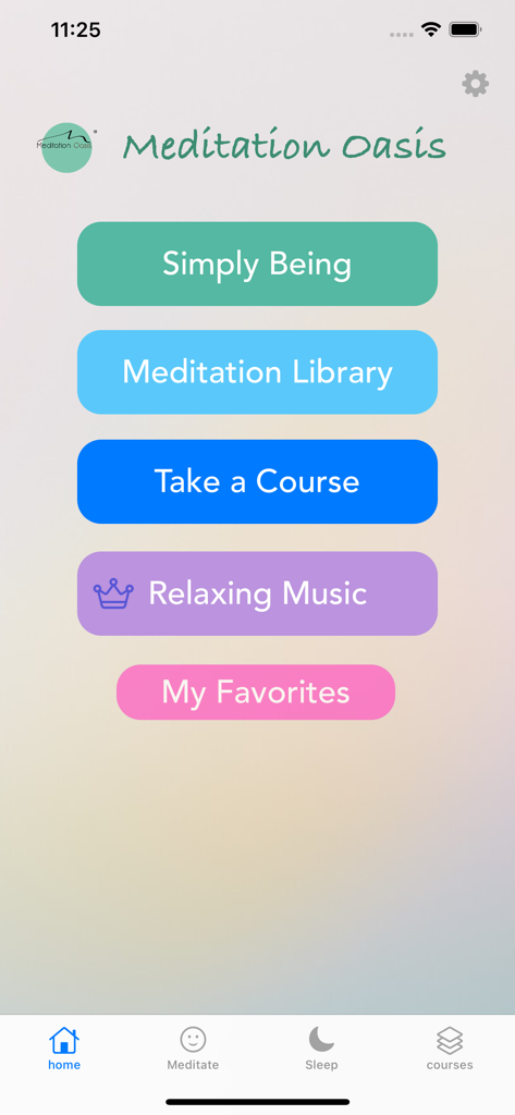 Meditation Oasis: Simply Being - Main home screen of the Meditation Oasis Simply Being app showing buttons for meditation library and courses