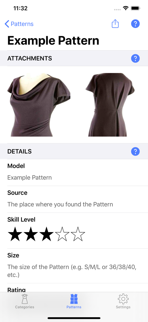 Sewing Patterns - Detail screen of the Sewing Patterns app showing photos and skill level for a garment.