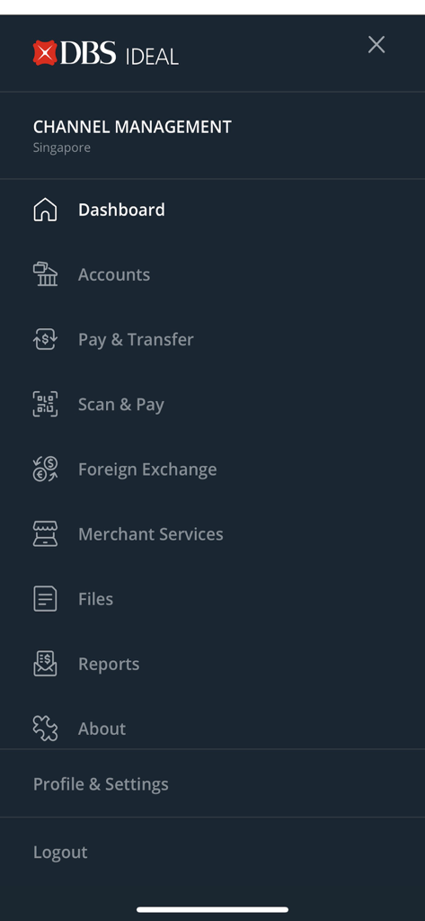 DBS IDEAL Mobile - DBS IDEAL Mobile corporate banking app navigation menu showing dashboard, accounts, and foreign exchange options.