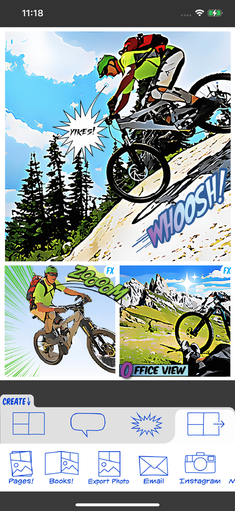 ComicBook app interface displaying mountain biking photos transformed into a multi panel comic strip with sound effect stickers