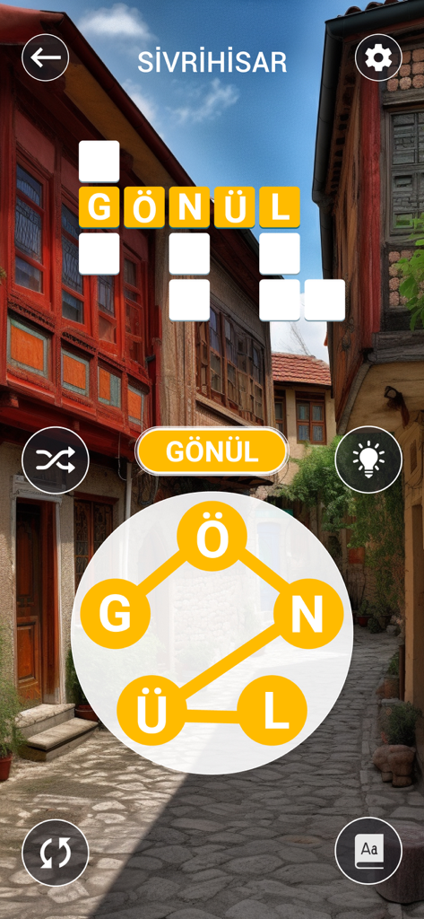 Kelime Gezmece - Crossword puzzle gameplay of Kelime Gezmece with a scenic city background