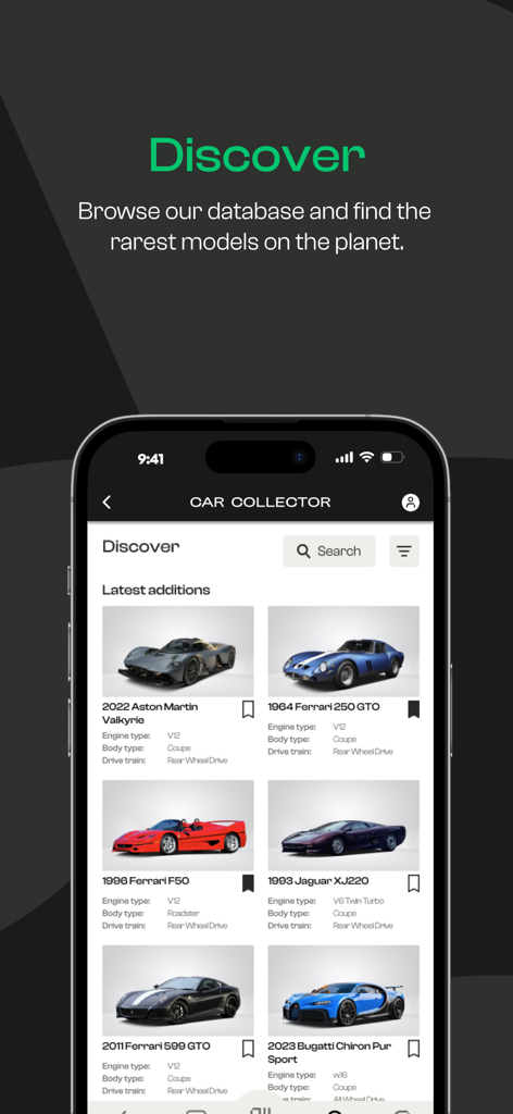 Car Collector - App screen showing a database of rare luxury cars like Ferrari and Bugatti