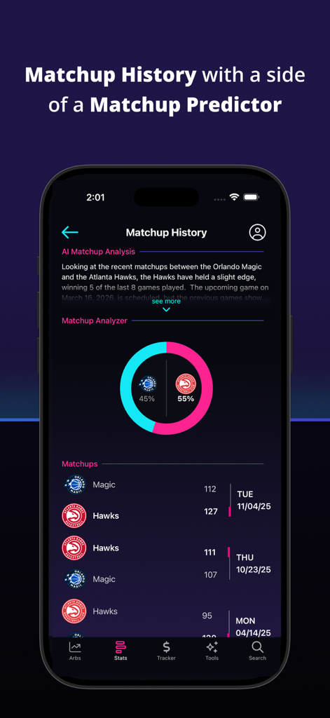 True Game Stats - AI-powered sports matchup history and win predictor chart
