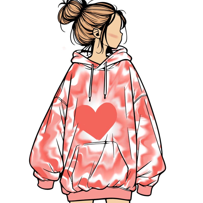 realistic girl with a oversized sweatshirt on and a bun