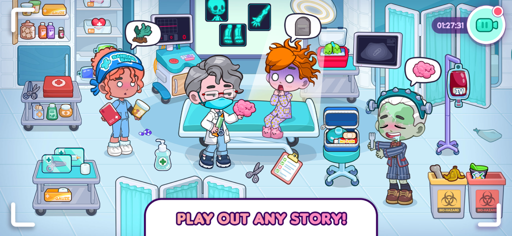 Dopples World - Characters roleplaying in a colorful hospital room within the Dopples World app.