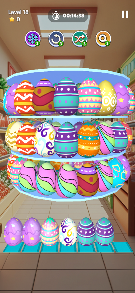 Una interfaz de juego de emparejamiento 3D que muestra huevos coloridos con patrones en estantes giratorios de supermercado