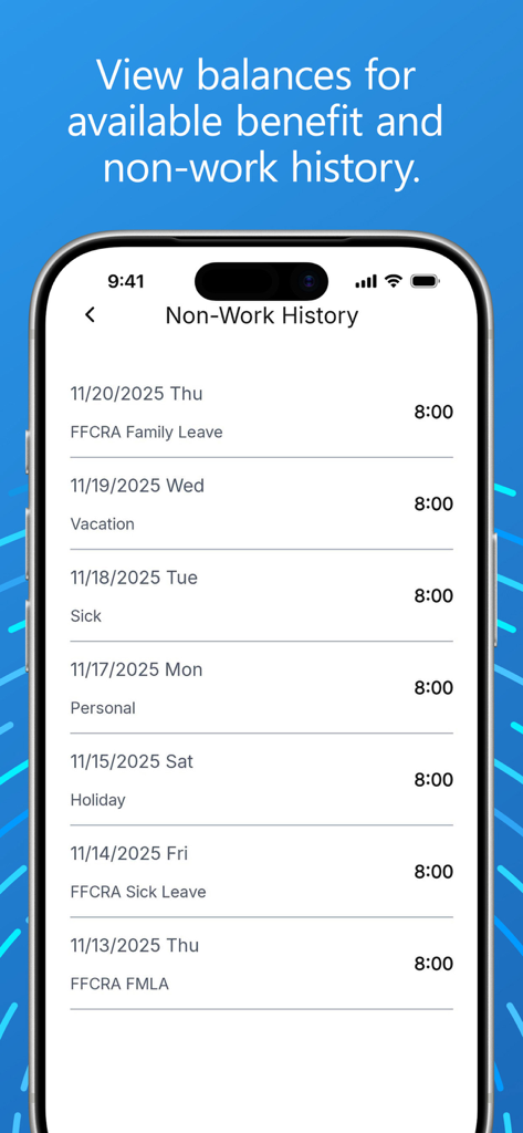 PayClock - PayClock app screen displaying non-work history including vacation sick leave and holidays
