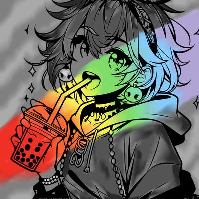 hot baddie anime girl drinking boba and biting the straw