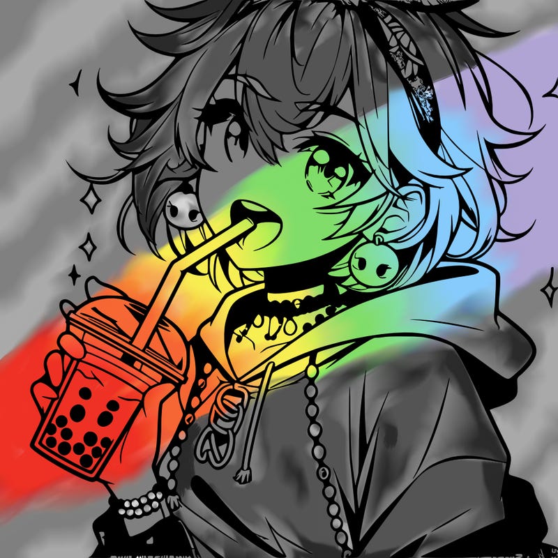 hot baddie anime girl drinking boba and biting the straw