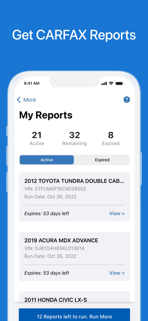 CARFAX app screen showing a list of active vehicle history reports for different car models