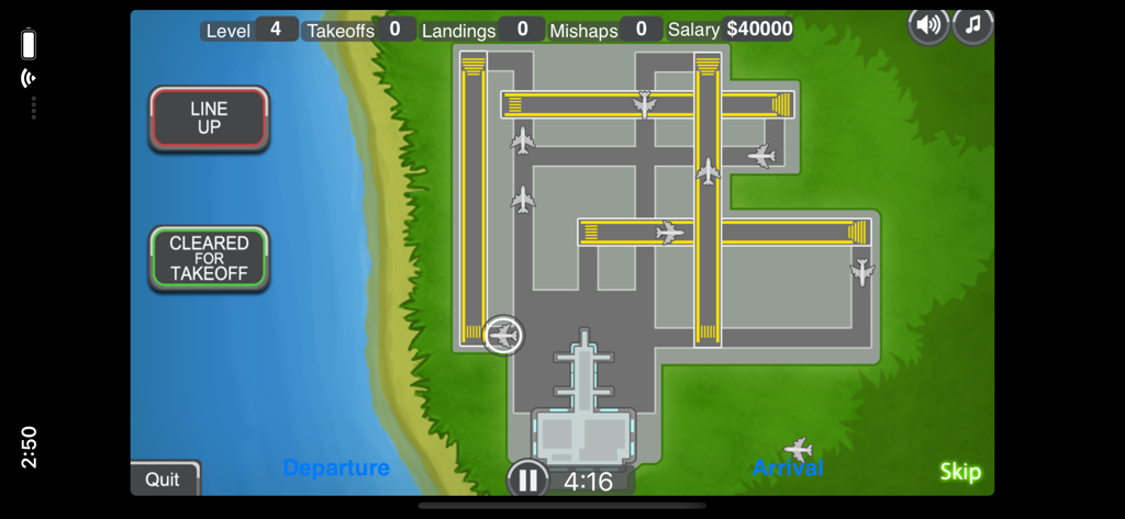 Air traffic control simulation gameplay showing runways and planes in Airport Madness Mobile.